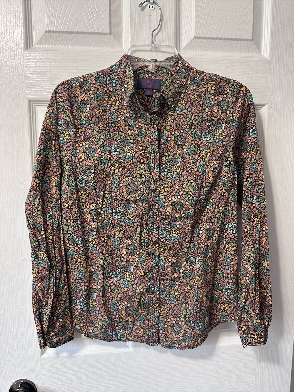 J. Crew Floral Button-Down Shirt in Black with Pink & Blue Flowers Size 6/M